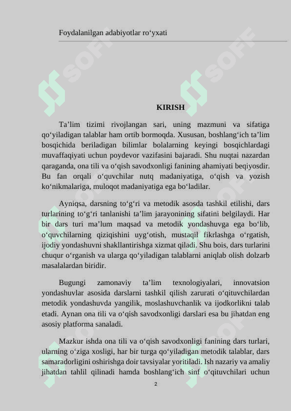 Mavzu: Ona tili va oqish savodxonligidan dars turlari va ularga qo’yiladigan talablar. 2
