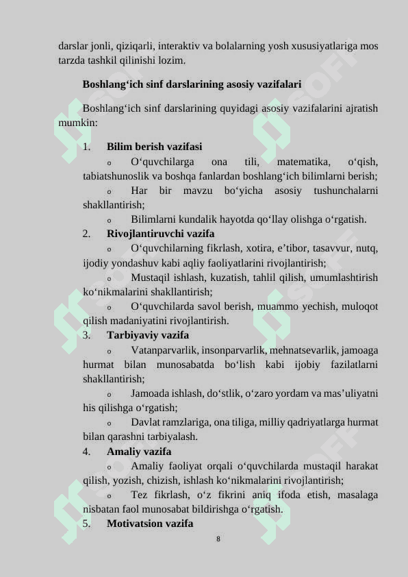 Mavzu: Ona tili va oqish savodxonligidan dars turlari va ularga qo’yiladigan talablar. 8