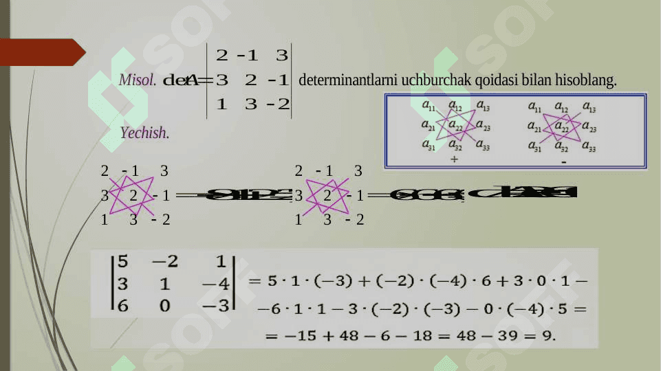 Kvadrat matritsalarning determinantlari. Ikkinchi va uchinchi tartibli determinantlarni hisoblash. Elementlarning minorlari va algebraik to‘ldiruvchilari. Determinantlarning asosiy xossalari. Yuqori tartibli determinantlarni hisoblash. 6