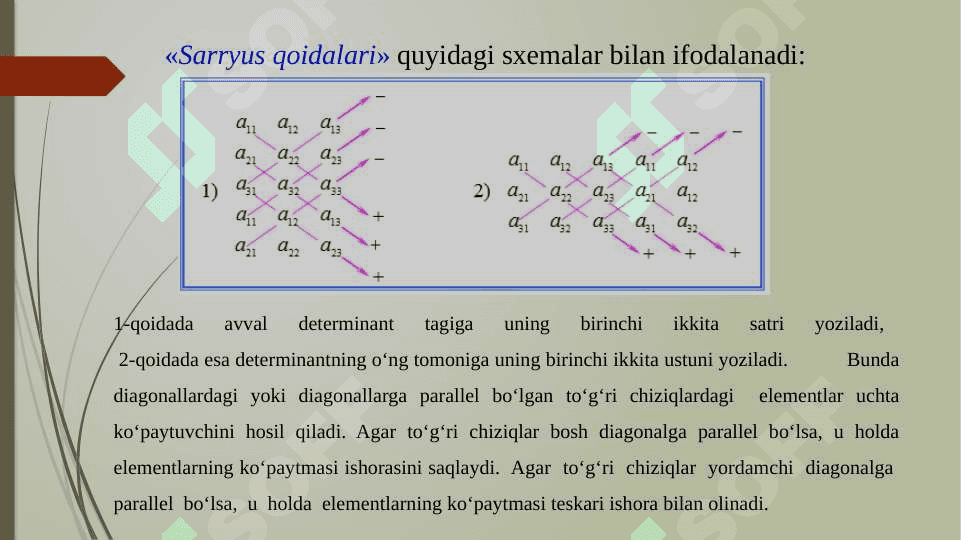 Kvadrat matritsalarning determinantlari. Ikkinchi va uchinchi tartibli determinantlarni hisoblash. Elementlarning minorlari va algebraik to‘ldiruvchilari. Determinantlarning asosiy xossalari. Yuqori tartibli determinantlarni hisoblash. 7