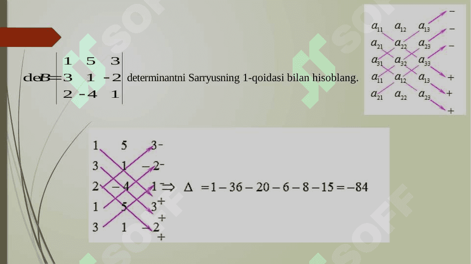 Kvadrat matritsalarning determinantlari. Ikkinchi va uchinchi tartibli determinantlarni hisoblash. Elementlarning minorlari va algebraik to‘ldiruvchilari. Determinantlarning asosiy xossalari. Yuqori tartibli determinantlarni hisoblash. 8
