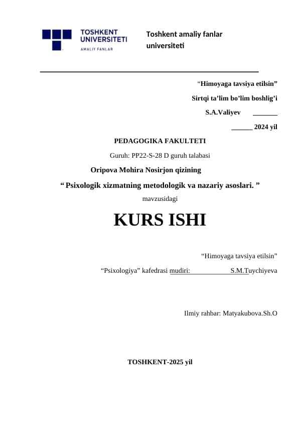 Psixologik xizmatlar metodologik va nazariy asoslari