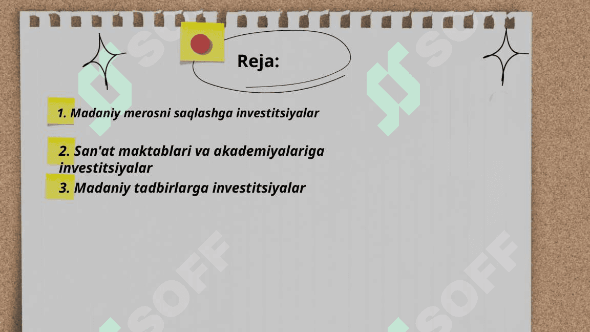 Madaniyat va san'at sohalariga investitsiyalar. 2