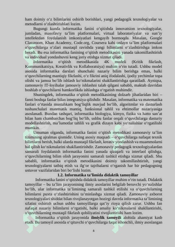 INFORMATIKA FANINI O’QITISH METODIKASI 6