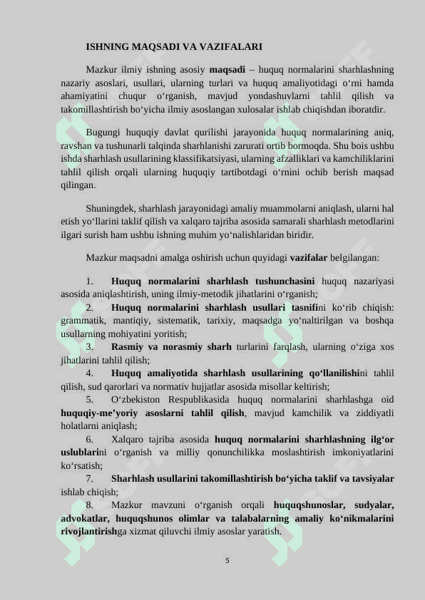 MAVZU: HUQUQ NORMALARINI SHARHLASH USULLARI. KURS ISHI 5