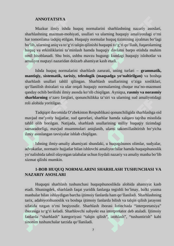 MAVZU: HUQUQ NORMALARINI SHARHLASH USULLARI. KURS ISHI 7