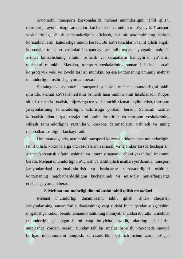 Avtomobil transporti korxonada mehnat unumdorligi darajasi va dinamikasini tahlil qilishning statistik usullari 4