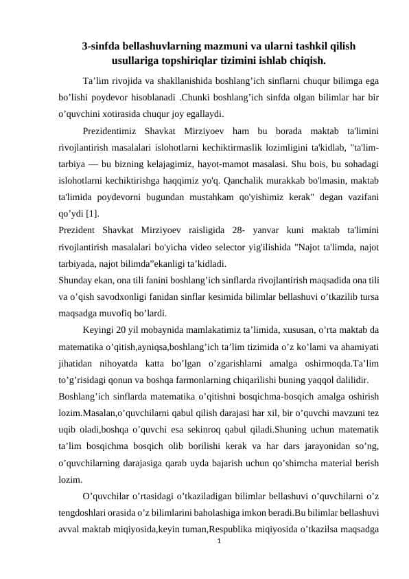 3-sinfda bellashuvlarning mazmuni va ularni tashkil qilish usullariga topshiriqlar tizimini ishlab chiqish