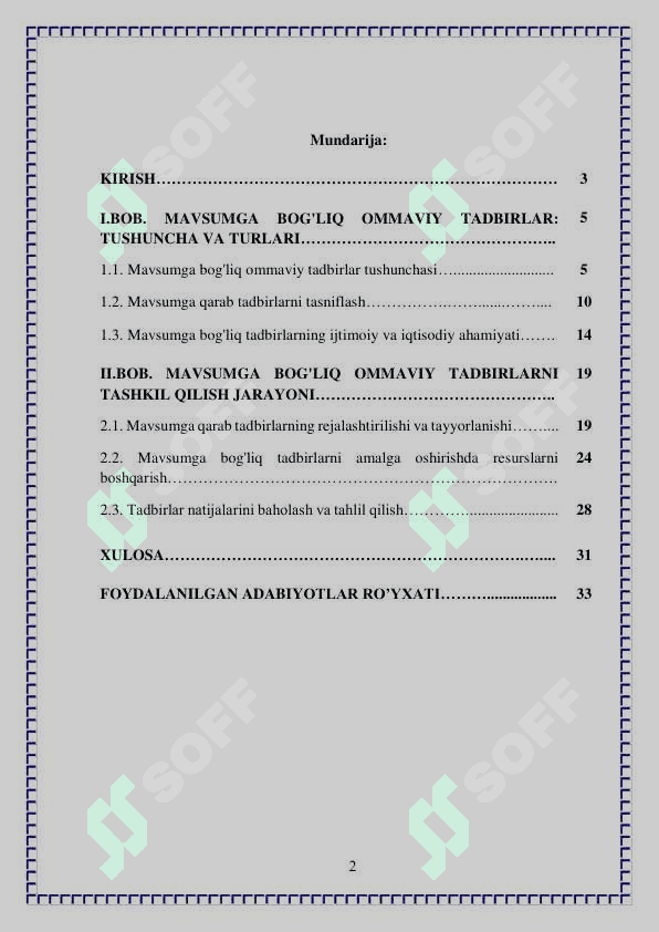 Mavsumga bog'liq bo'lgan ommaviy tadbirlarni tashkil qilish 2