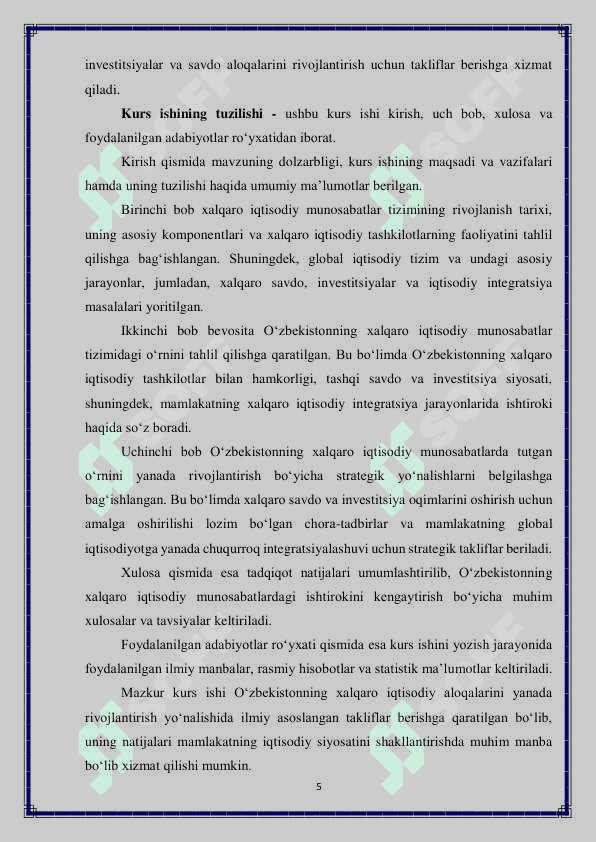 Xalqaro iqtisodiy munosabatlar tizimida Oʻzbekistonning oʻrni 5