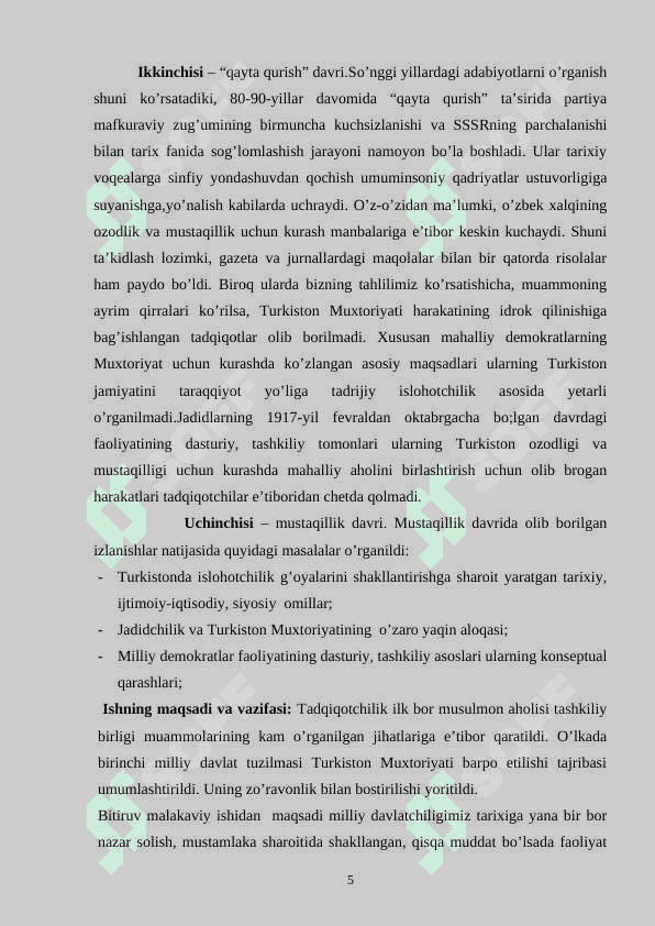 Turkistonda milliy davlatchilik yo’lidagi harakatlar. Turkiston  muxtoriyatining tashkil etilishi 5