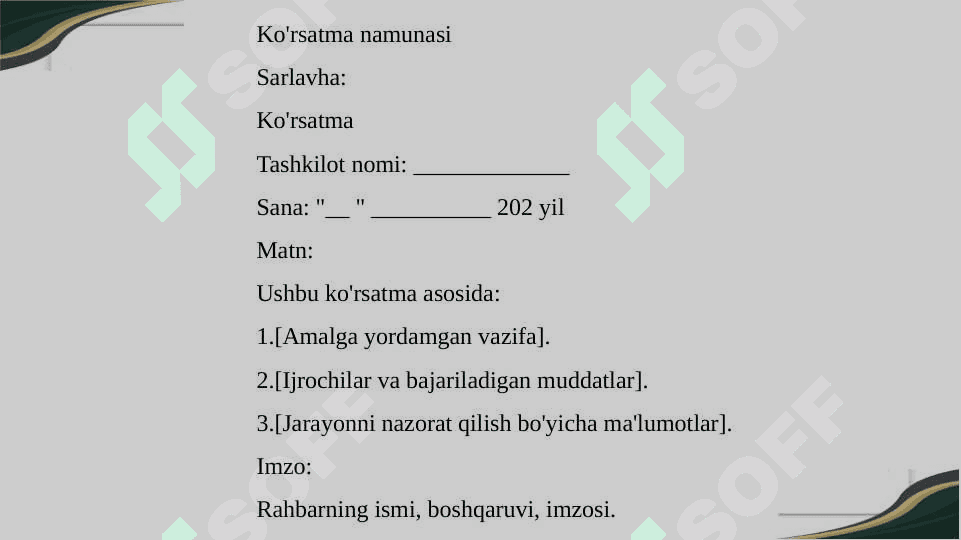 Farmoyish hujjatlari (buyruq, buyruqdan koʻchirma, koʻrsatma, farmoyish). 5