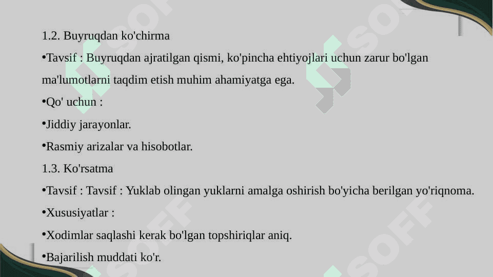 Farmoyish hujjatlari (buyruq, buyruqdan koʻchirma, koʻrsatma, farmoyish). 8
