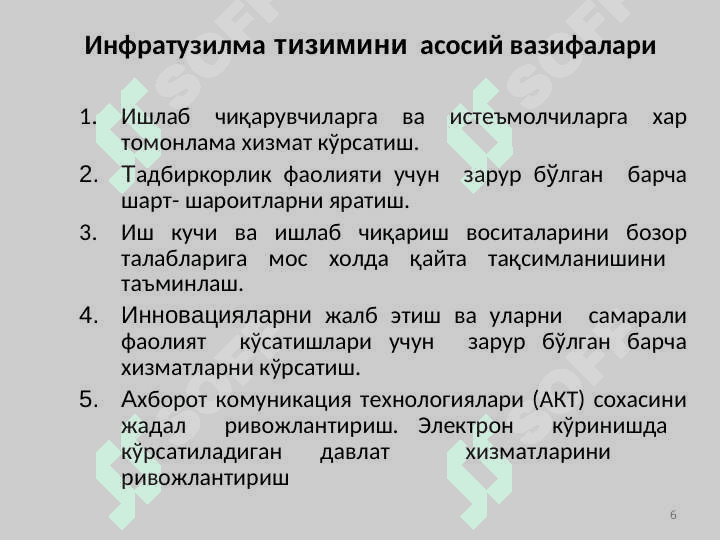 Kichik biznes va xususiy tadbirkorlik sub’ektlariga xizmat ko’rsatuvchi bozor infratuzilmalari 6