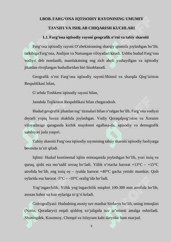 FARG'ONA IQTISODIY RAYONIDA ISHLAB CHIQARISH KUCHLARINING JOYLASHISH VA RIVOJLANISH XUSUSIYATLARI. 5