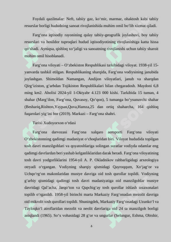 FARG'ONA IQTISODIY RAYONIDA ISHLAB CHIQARISH KUCHLARINING JOYLASHISH VA RIVOJLANISH XUSUSIYATLARI. 6