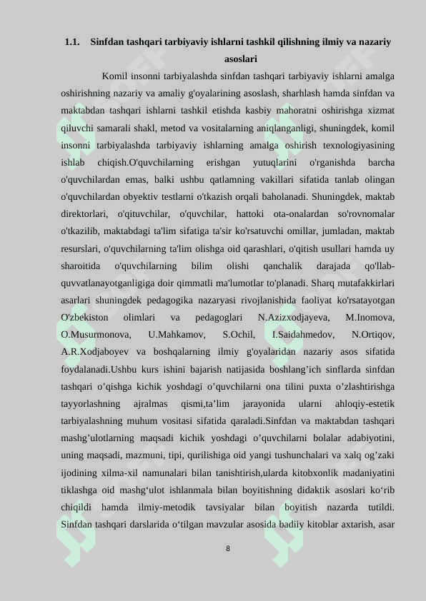 BOSHLANG’ICH TA’LIMDA SINFDAN VA MAKTABDAN TASHQARI ISHLARNI TASHKIL QILISH 8
