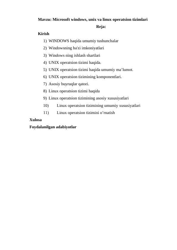 Microsoft windows, unix va linux operatsion tizimlari