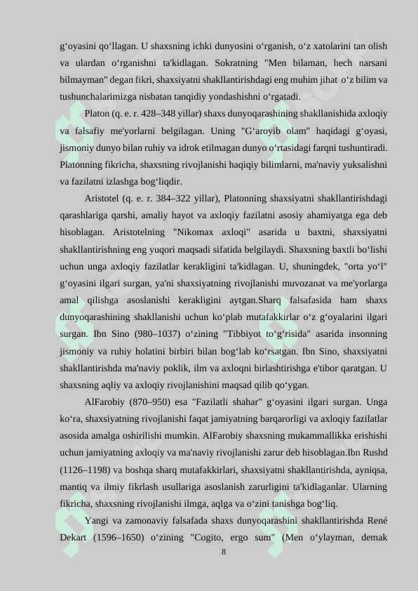 SHARQ MUTAFAKKIRLARINING BOLALAR DUNYOQARASHINI SHAKLLANTIRISH BORASIDAGI QARASHLARI. 8