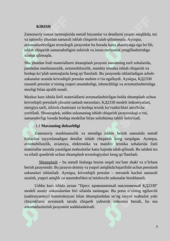 Listli materiallarni avtomatlashtirilgan holatda shtamplash uchun krivoshipli presslash jihozini tanlash va uni ishlash jarayonini yoritish 4