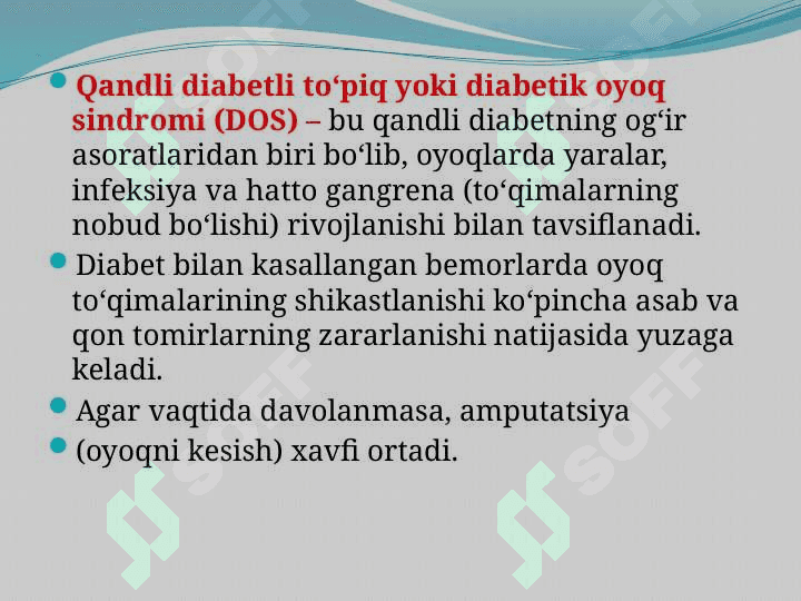 Qandli diabetli to'piq (Diabetik oyoq sindromi)

haqida umumiy tushuncha 2