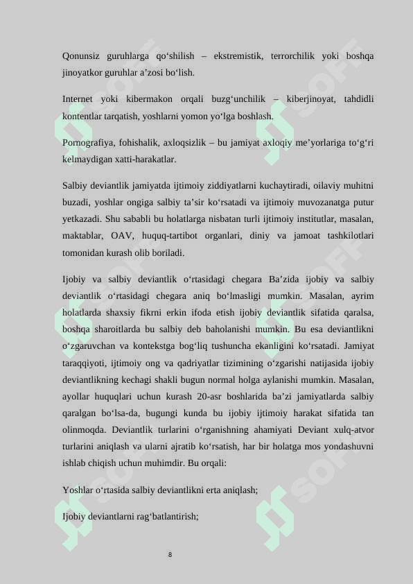 VOYAGA YETMAGAN YOSHLAR ORASIDA DEVIANT XULQ-ATVORNI VUJUDGA KELTIRUVCHI OMILLAR 8
