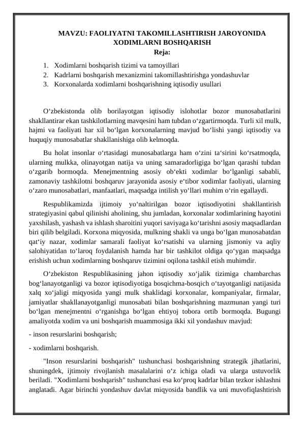 FAOLIYATNI TAKOMILLASHTIRISH JAROYONIDA XODIMLARNI BOSHQARISH