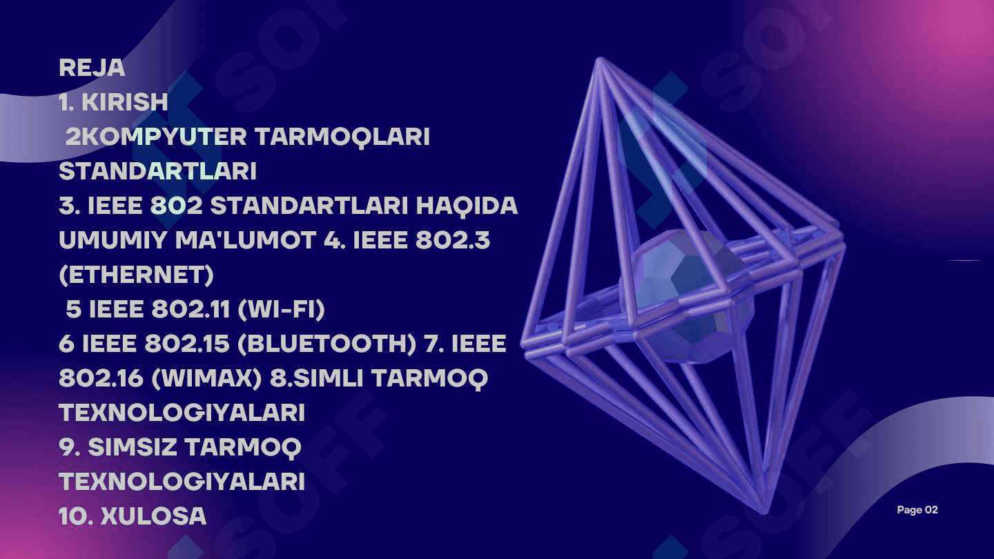 KOMPYUTER TARMOQLARI
STANDARTLARI VA ULARNING
TEXNOLOGIYALARI. SIMLI VA SIMSIZ
TARMOQ TEXNOLOGIYALARI, IEEE
802 STANDARTLARI (IEEE 802.3,
802.11, 802.15, 802.16). 2