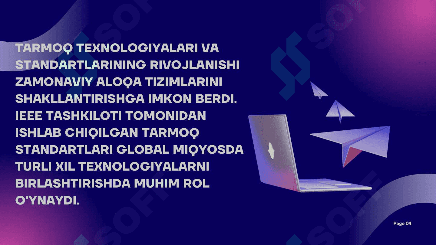 KOMPYUTER TARMOQLARI
STANDARTLARI VA ULARNING
TEXNOLOGIYALARI. SIMLI VA SIMSIZ
TARMOQ TEXNOLOGIYALARI, IEEE
802 STANDARTLARI (IEEE 802.3,
802.11, 802.15, 802.16). 4