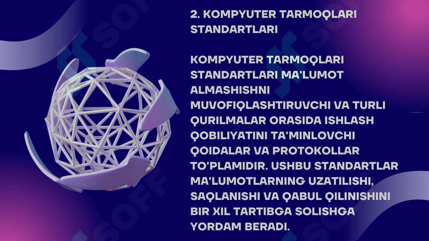 KOMPYUTER TARMOQLARI
STANDARTLARI VA ULARNING
TEXNOLOGIYALARI. SIMLI VA SIMSIZ
TARMOQ TEXNOLOGIYALARI, IEEE
802 STANDARTLARI (IEEE 802.3,
802.11, 802.15, 802.16). 5