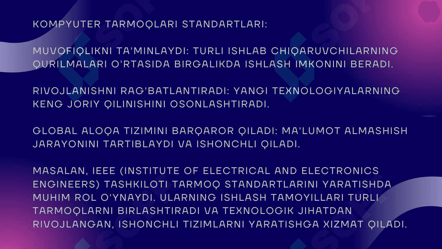KOMPYUTER TARMOQLARI
STANDARTLARI VA ULARNING
TEXNOLOGIYALARI. SIMLI VA SIMSIZ
TARMOQ TEXNOLOGIYALARI, IEEE
802 STANDARTLARI (IEEE 802.3,
802.11, 802.15, 802.16). 6