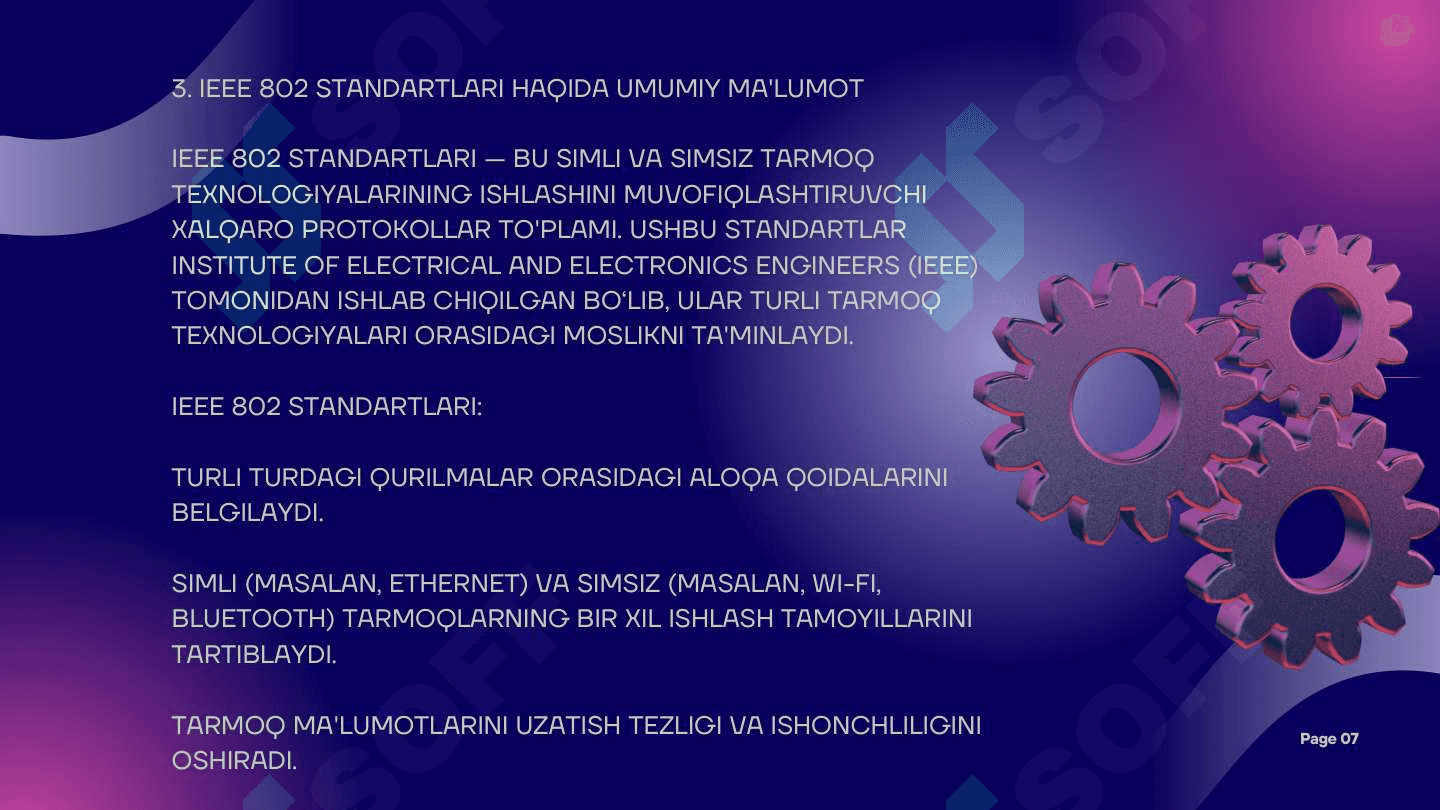 KOMPYUTER TARMOQLARI
STANDARTLARI VA ULARNING
TEXNOLOGIYALARI. SIMLI VA SIMSIZ
TARMOQ TEXNOLOGIYALARI, IEEE
802 STANDARTLARI (IEEE 802.3,
802.11, 802.15, 802.16). 7