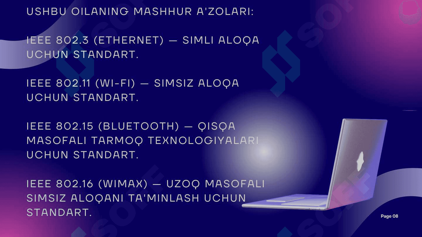 KOMPYUTER TARMOQLARI
STANDARTLARI VA ULARNING
TEXNOLOGIYALARI. SIMLI VA SIMSIZ
TARMOQ TEXNOLOGIYALARI, IEEE
802 STANDARTLARI (IEEE 802.3,
802.11, 802.15, 802.16). 8