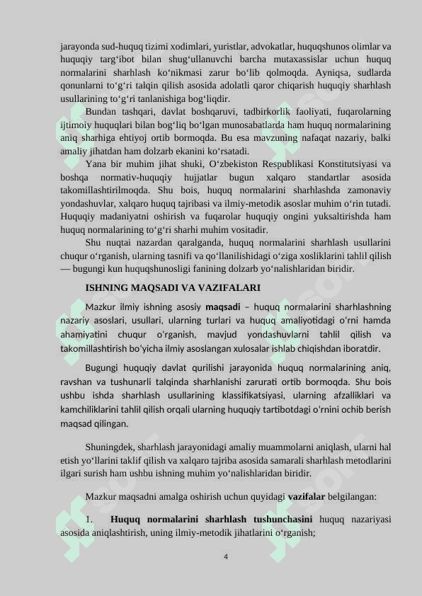 MAVZU: HUQUQ NORMALARINI SHARHLASH USULLARI. Kurs ishi 4