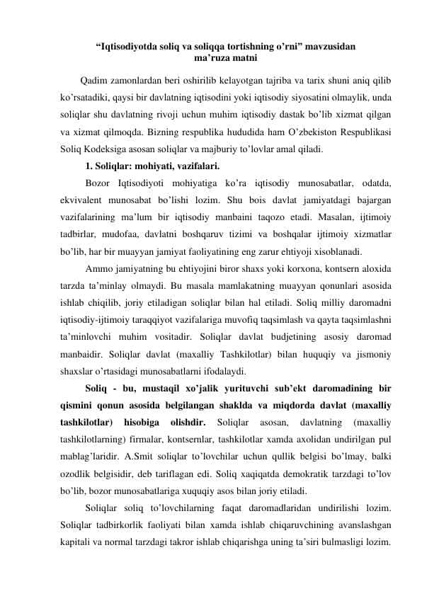 “Iqtisodiyotda soliq va soliqqa tortishning o’rni”