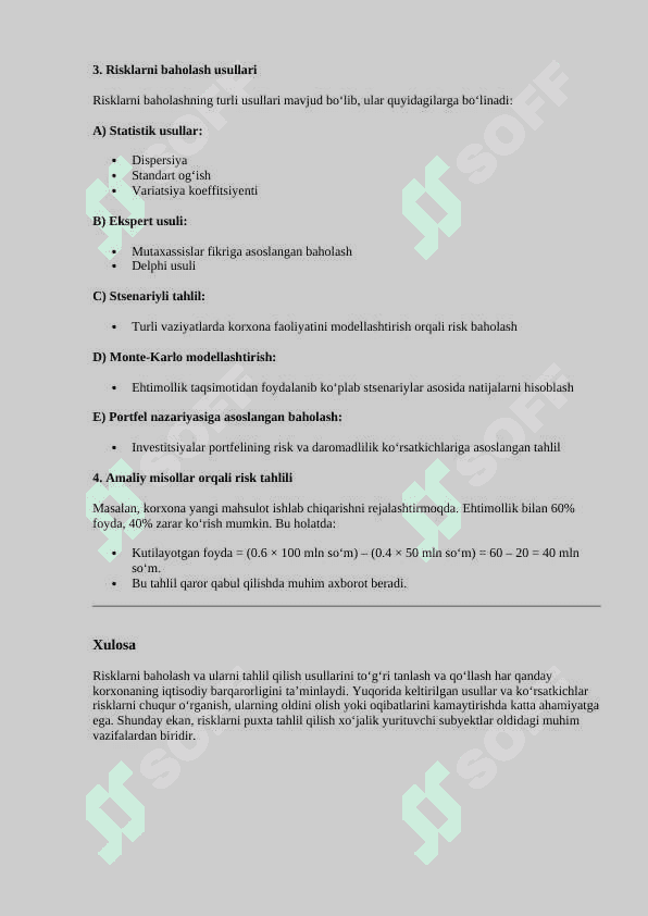 Risklarning iqtisodiy ko‘rsatkichlari va ularni baholash usullarini tahlil etish REFERAT ISHI 2