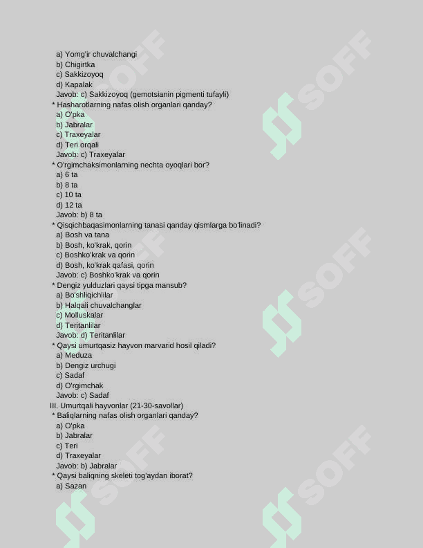7 sinf biologiya fanidan mavzulashtirilgan test 3