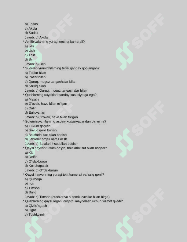 7 sinf biologiya fanidan mavzulashtirilgan test 4