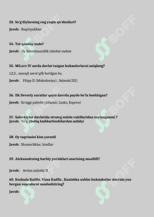 6-11 sinflardan Tarix fani attestatsiya savollari va javobi bilan 7