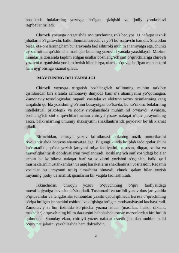Boshlangʻich sinflarda chiroyli yozuvga oʻrgatish uslubi . KURS ISHI 4