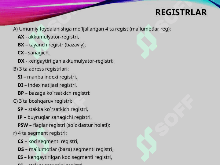 REGISTLAR,FLAGLAR Registrlar va ularning turlari, vazifalari, tasnifi. 2