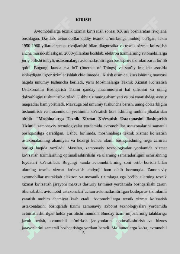 Mashinalarga texnik xizmat korsatish ustaxonasini boshqarish tizimi kurs ishi 3
