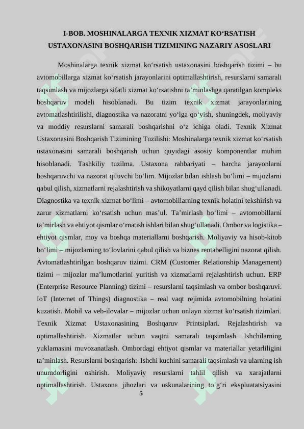 Mashinalarga texnik xizmat korsatish ustaxonasini boshqarish tizimi kurs ishi 5