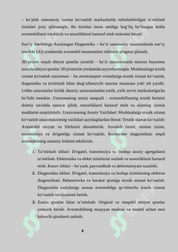 Mashinalarga texnik xizmat korsatish ustaxonasini boshqarish tizimi kurs ishi 8