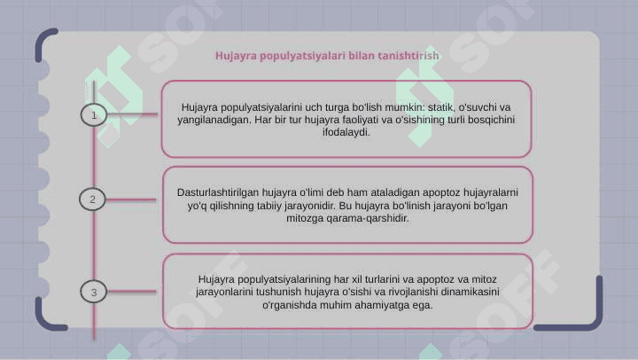 Hujayra populyatsiyalari turlari : statik , o'suvchi , yangilanuvchi . Apoptoz dasturlashtirilgan hujayra o'limi va mitozning aksi 2