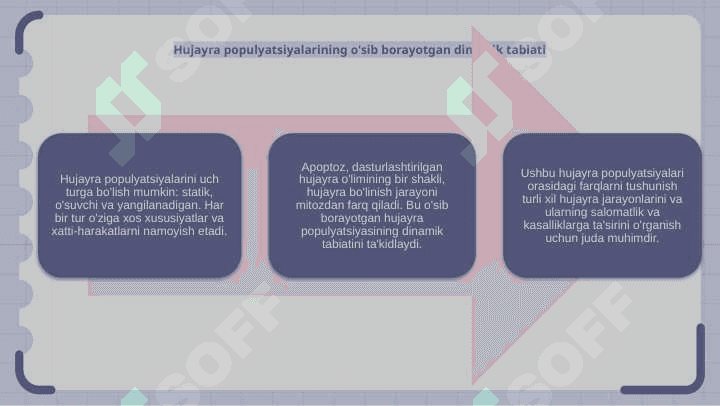 Hujayra populyatsiyalari turlari : statik , o'suvchi , yangilanuvchi . Apoptoz dasturlashtirilgan hujayra o'limi va mitozning aksi 4
