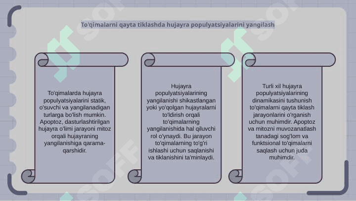 Hujayra populyatsiyalari turlari : statik , o'suvchi , yangilanuvchi . Apoptoz dasturlashtirilgan hujayra o'limi va mitozning aksi 5