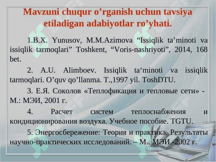 Issiqlik yuklamalar. Yillik issiqlik yuklamalar 2