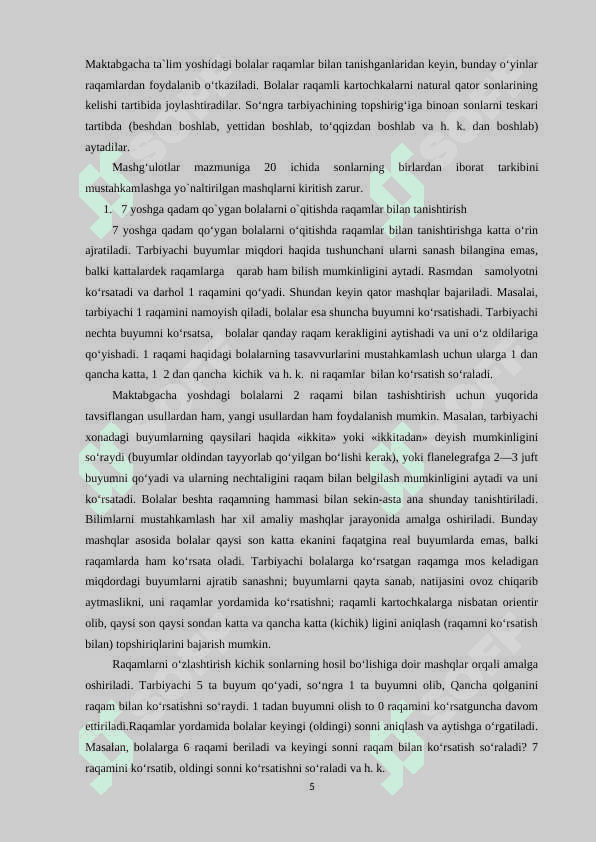 MAKTABGACHA TA’LIM TASHKILOTLARIDA MAKTABGA TAYYORLOV GURUH YOSHIDAGI BOLALARNING MATEMATIK TASAVVURLARINI SHAKLLANTIRISH 5