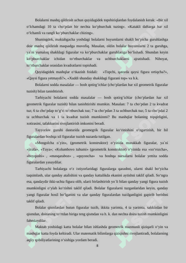 MAKTABGACHA TA’LIM TASHKILOTLARIDA MAKTABGA TAYYORLOV GURUH YOSHIDAGI BOLALARNING MATEMATIK TASAVVURLARINI SHAKLLANTIRISH 8